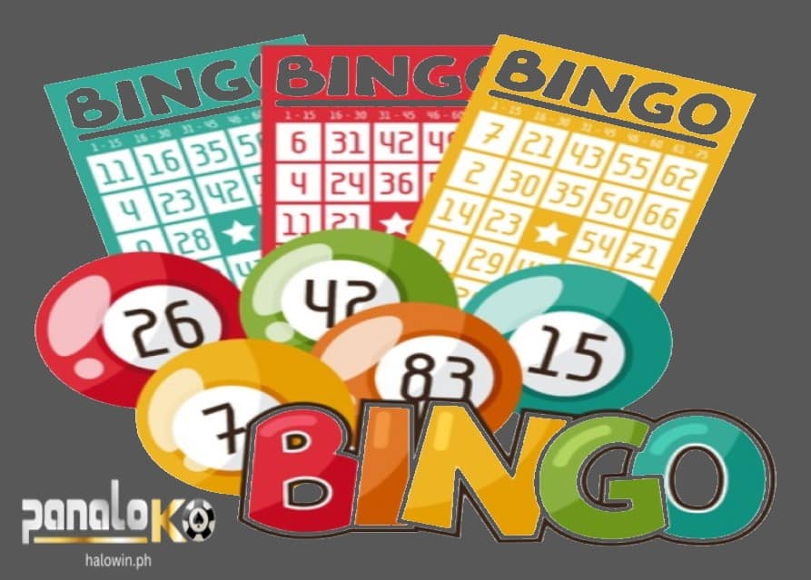 Tatlong iba't ibang kulay ng Bingo Card at mga makukulay na Bingo Ball na nakalarangan ang BINGO.